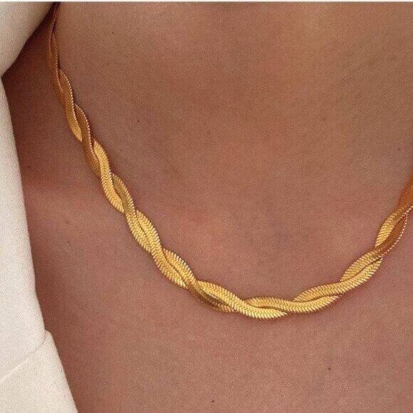Gold Herringbone Twist Necklace Waterproof Necklace Gorgeous Layering Necklace - Picture 11 of 16